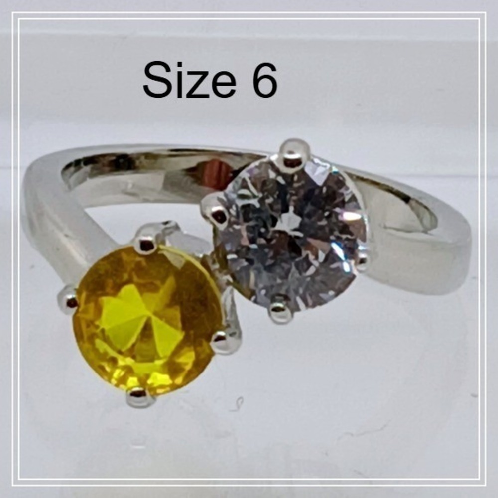 Silver Tone‎ Bypass Ring Two Stone Yellow Sapphire Clear CZ Round Cut Size 6